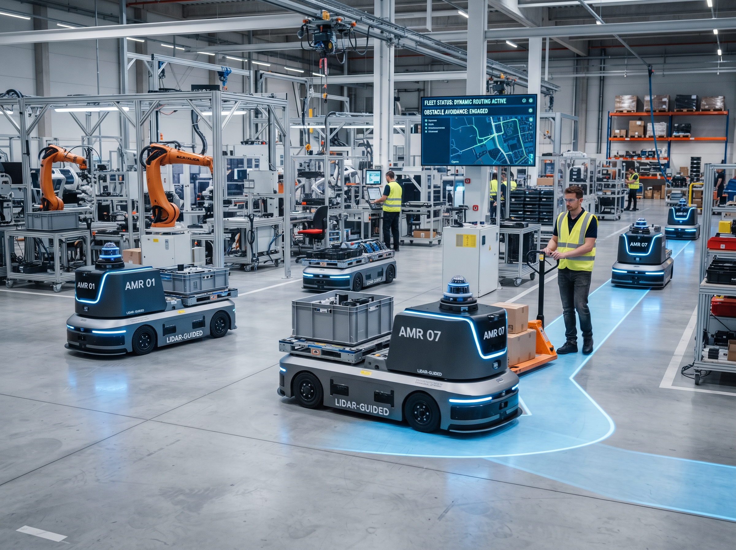 Autonomous smart forklift mobile robot navigating warehouse floors