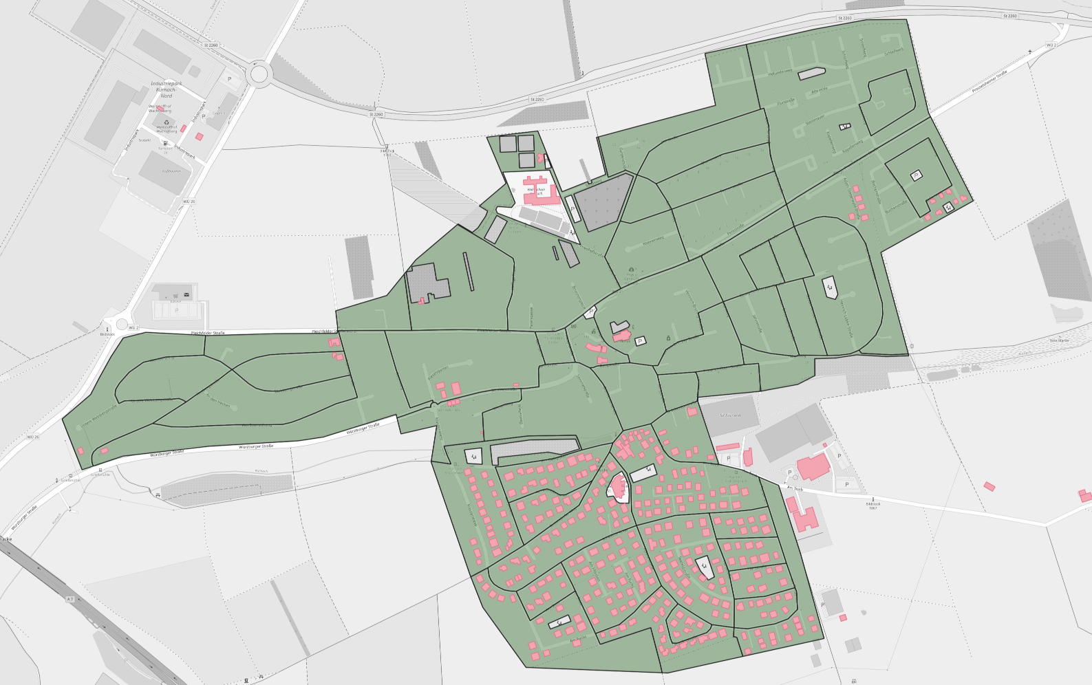 Map of land use areas split into blocks, overlay with buildings