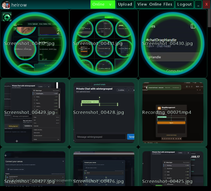 Real heirowSnap Project Z gallery with dark green styling, rounded image tiles, and native shader effects