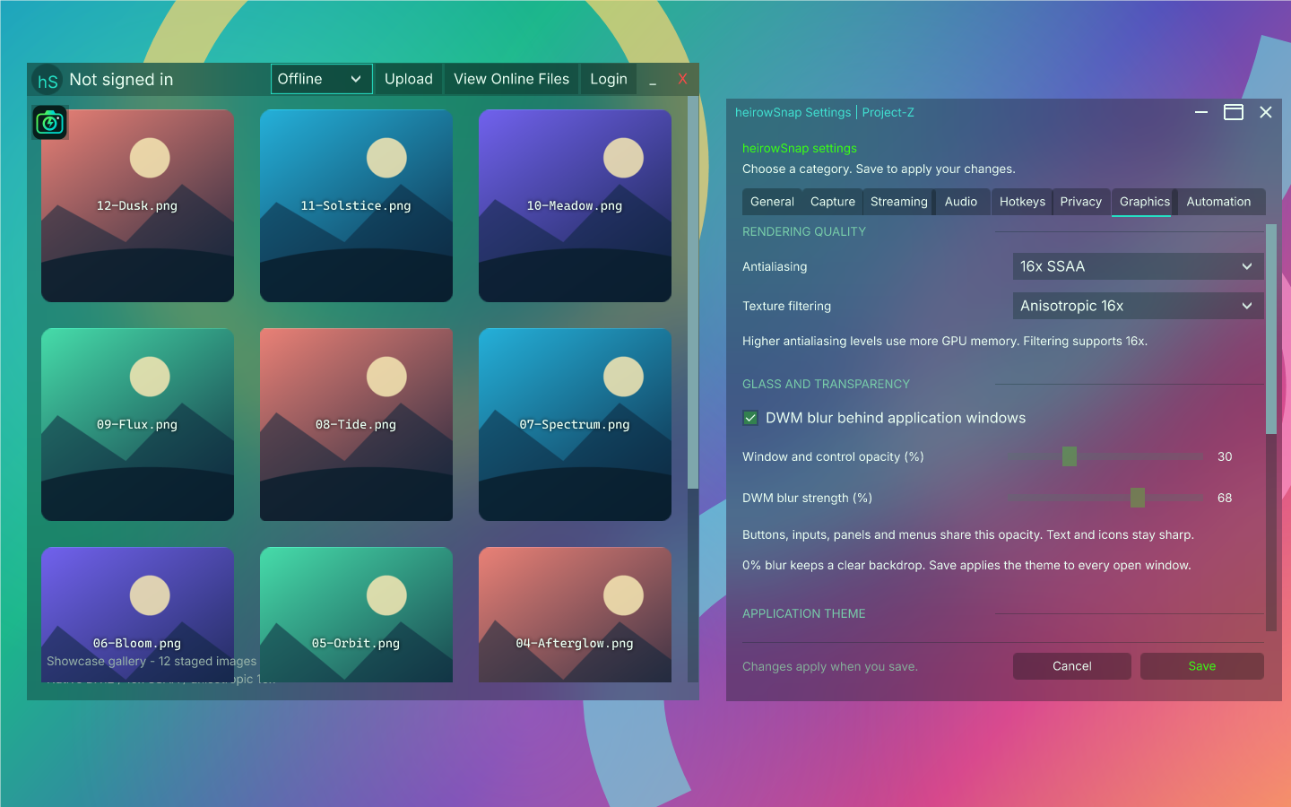Current heirowSnap gallery and Graphics settings with vibrant native DWM blur over a colorful desktop