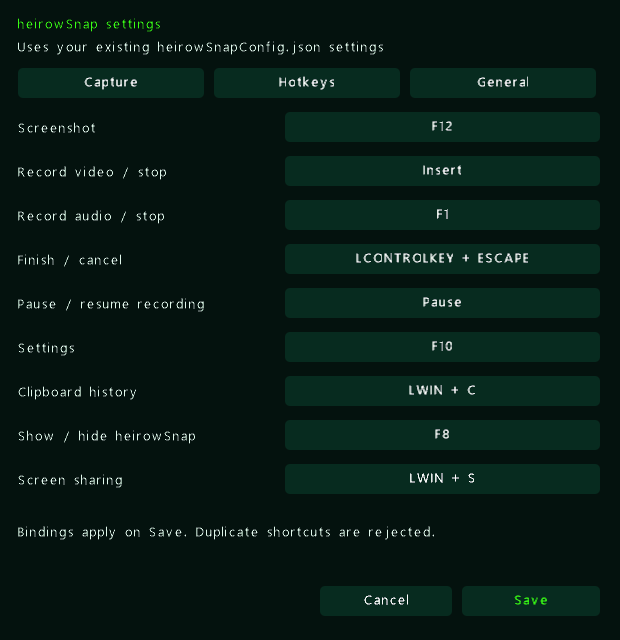 heirowSnap native settings with configurable keyboard shortcuts