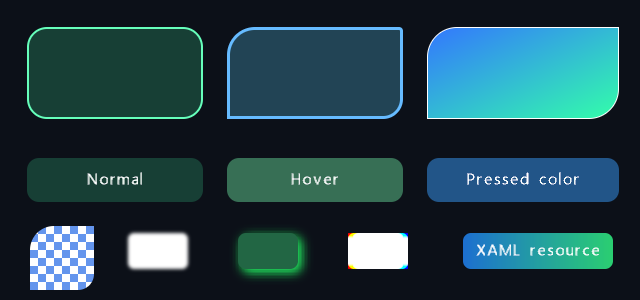 DX12 rounded corners, gradients, button states, blur, shadow, and resource styling