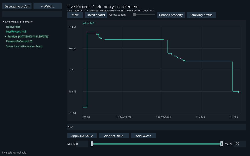 Native Project-Z debugger: live timelines, spatial traces and boolean states