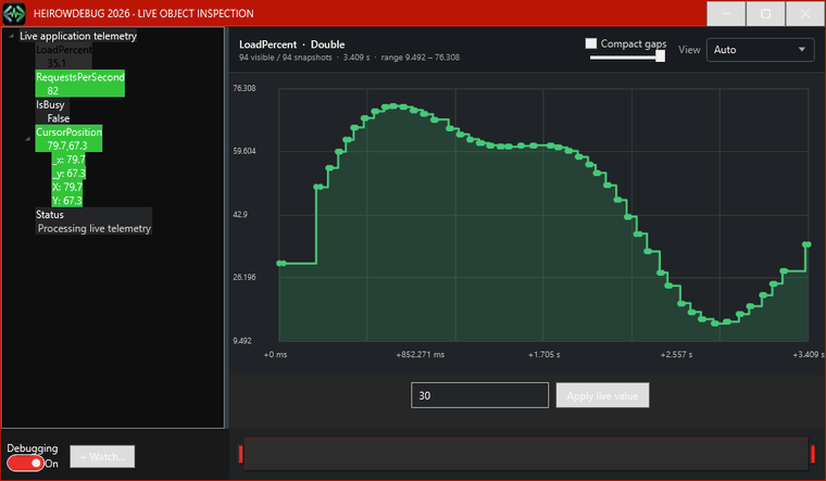 Live .NET 10 debugger: numeric timelines, point trails, and boolean states