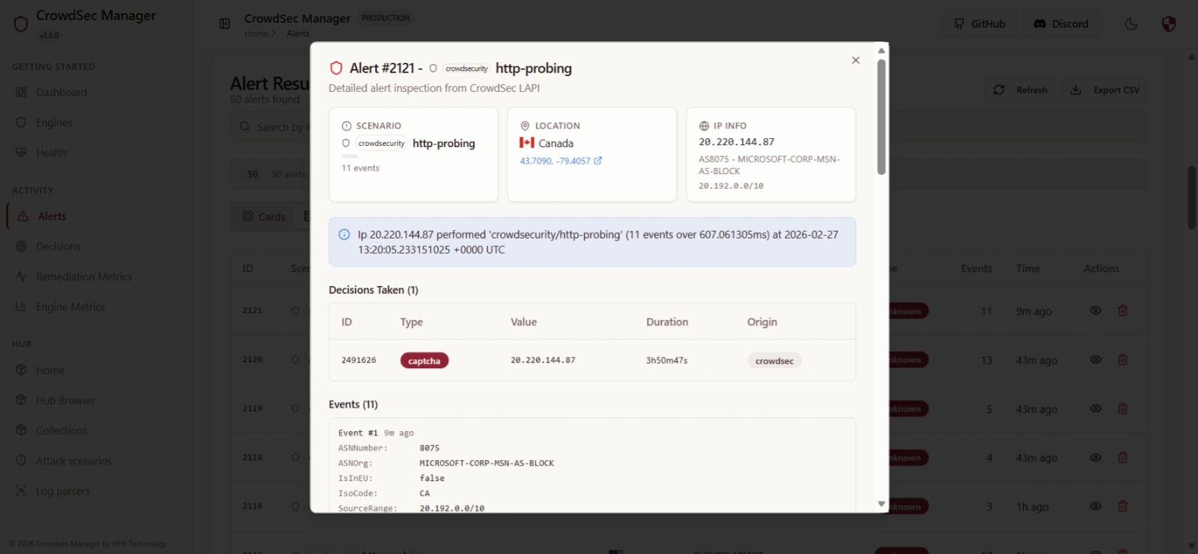 Alerts analysis inspect modal