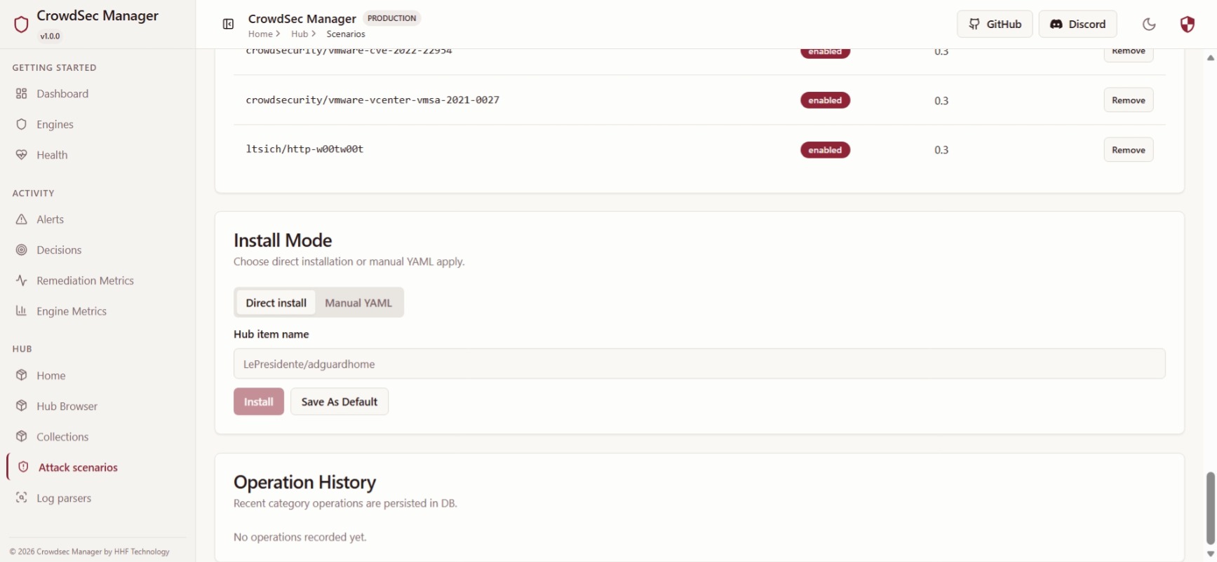 Hub scenarios install mode