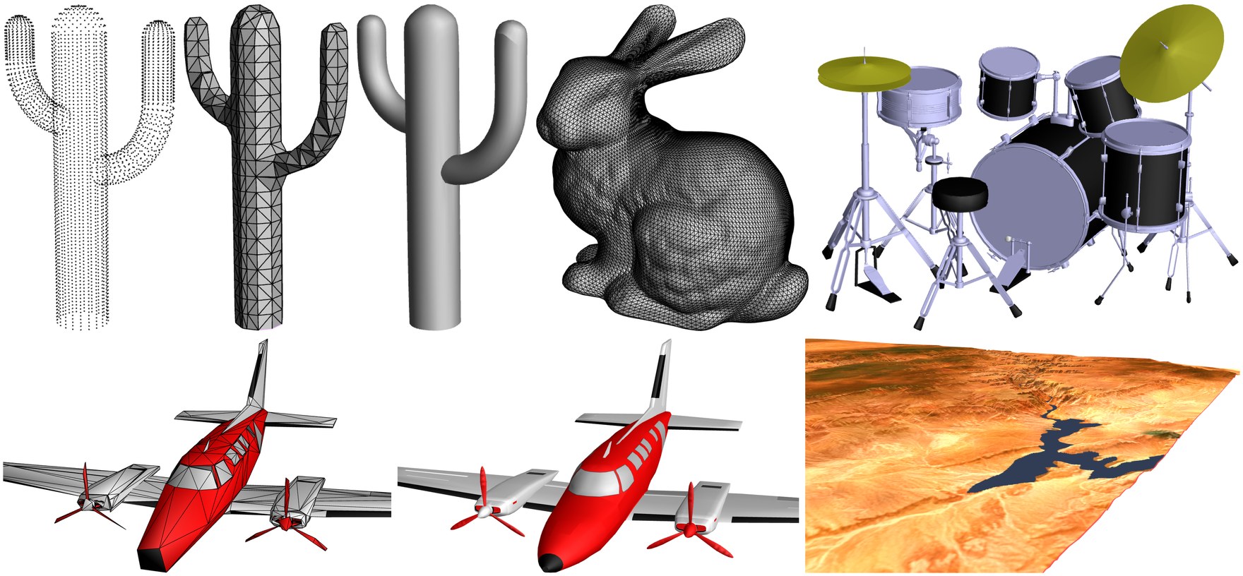 Renderings of results: reconstruction of a cactus from points, a remeshed bunny, a drum set, an airplane at two levels of detail, and a terrain.