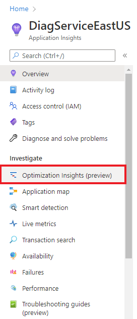 Screenshot of Optimization Insights located in the left side navigation pane