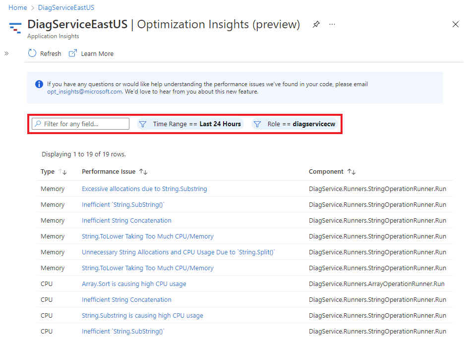 Screenshot pointing out where you can filter the Optimization Insights