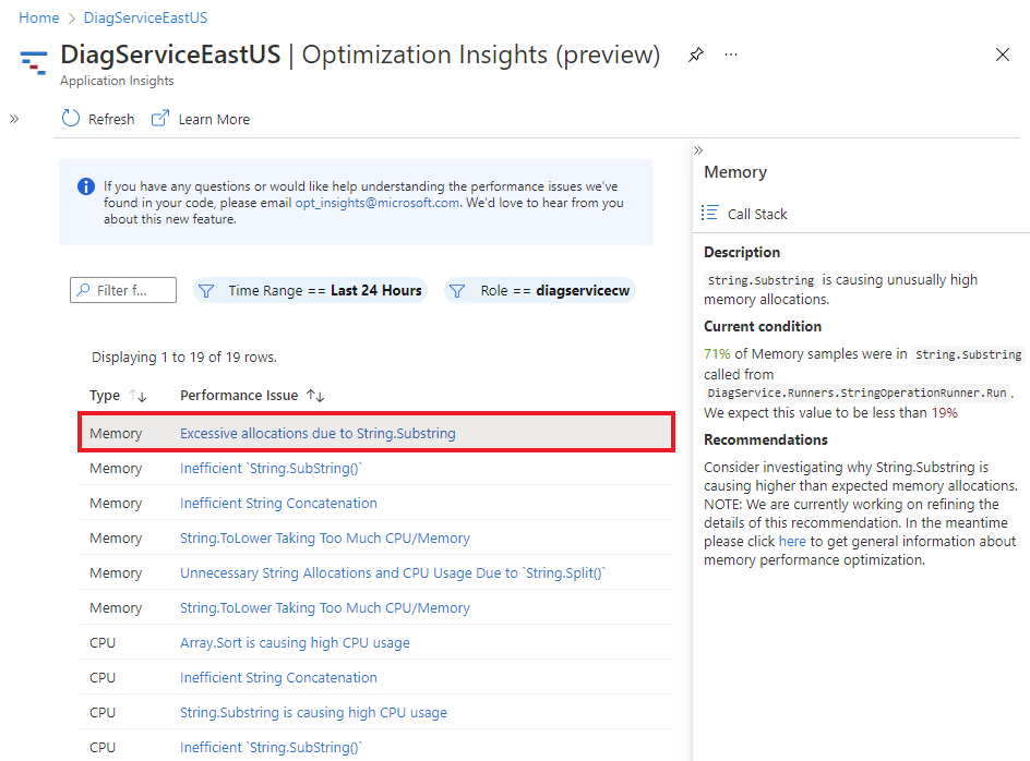 Screenshot showing the description and recommendations associated with one of the insights