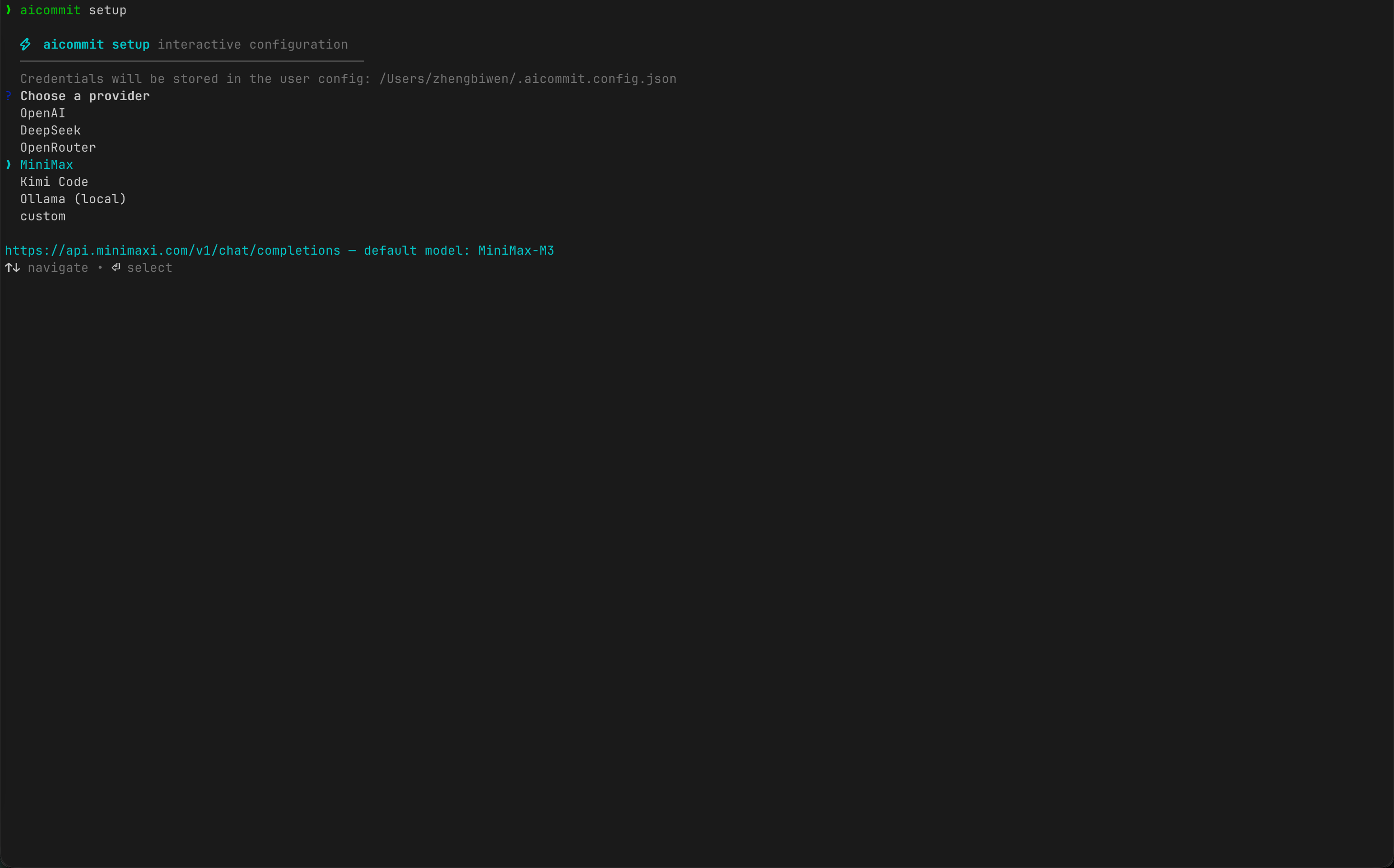 AICommit setup 提示选择 AI Provider