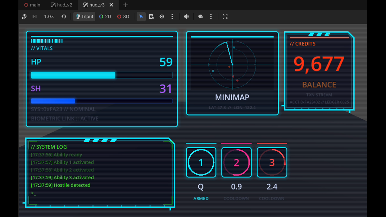 Cyberpunk HUD demo built with Godot AI