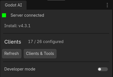 ภาพหน้าต่าง Godot AI ใน Editor แสดงการเชื่อมต่อเซิร์ฟเวอร์และจำนวนผู้ช่วย AI ที่ตั้งค่าไว้