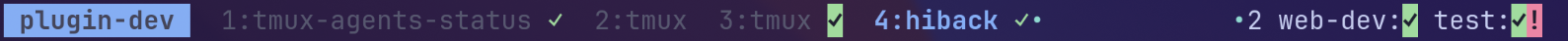 Tmux status bar showing agent activity