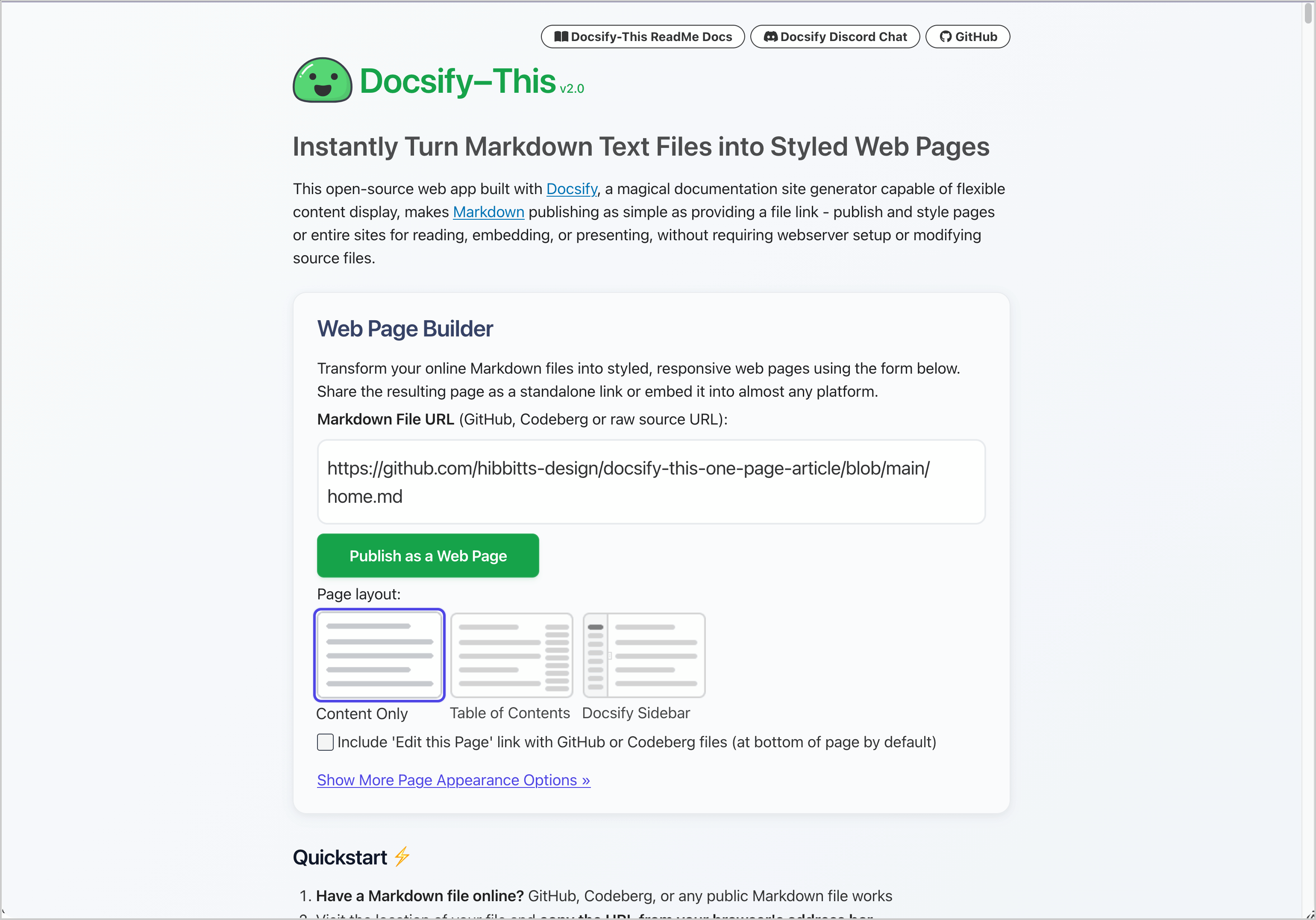 Docsify-This page builder with a Markdown URL field and page appearance controls