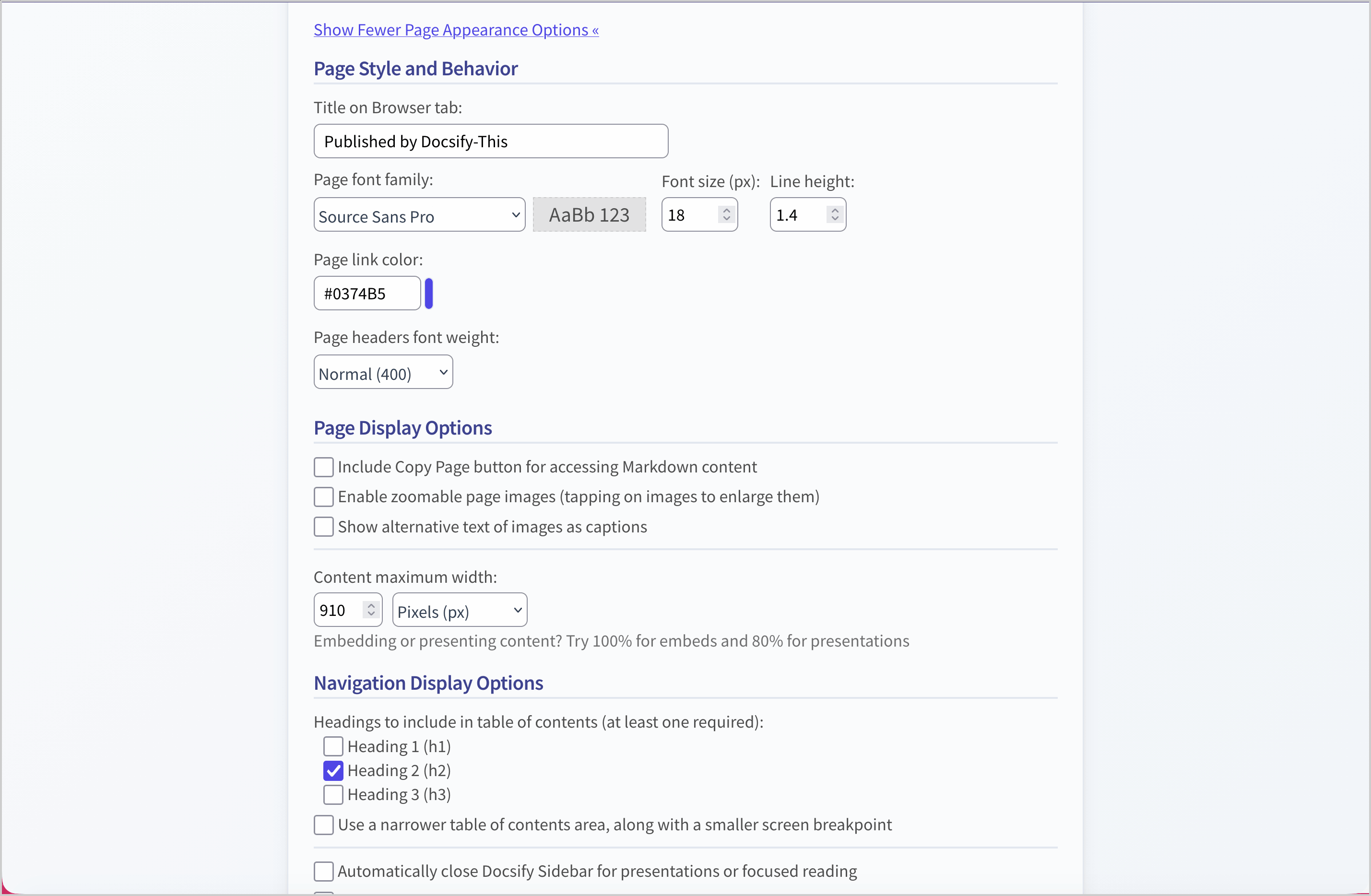 Web Page Builder page appearance options
