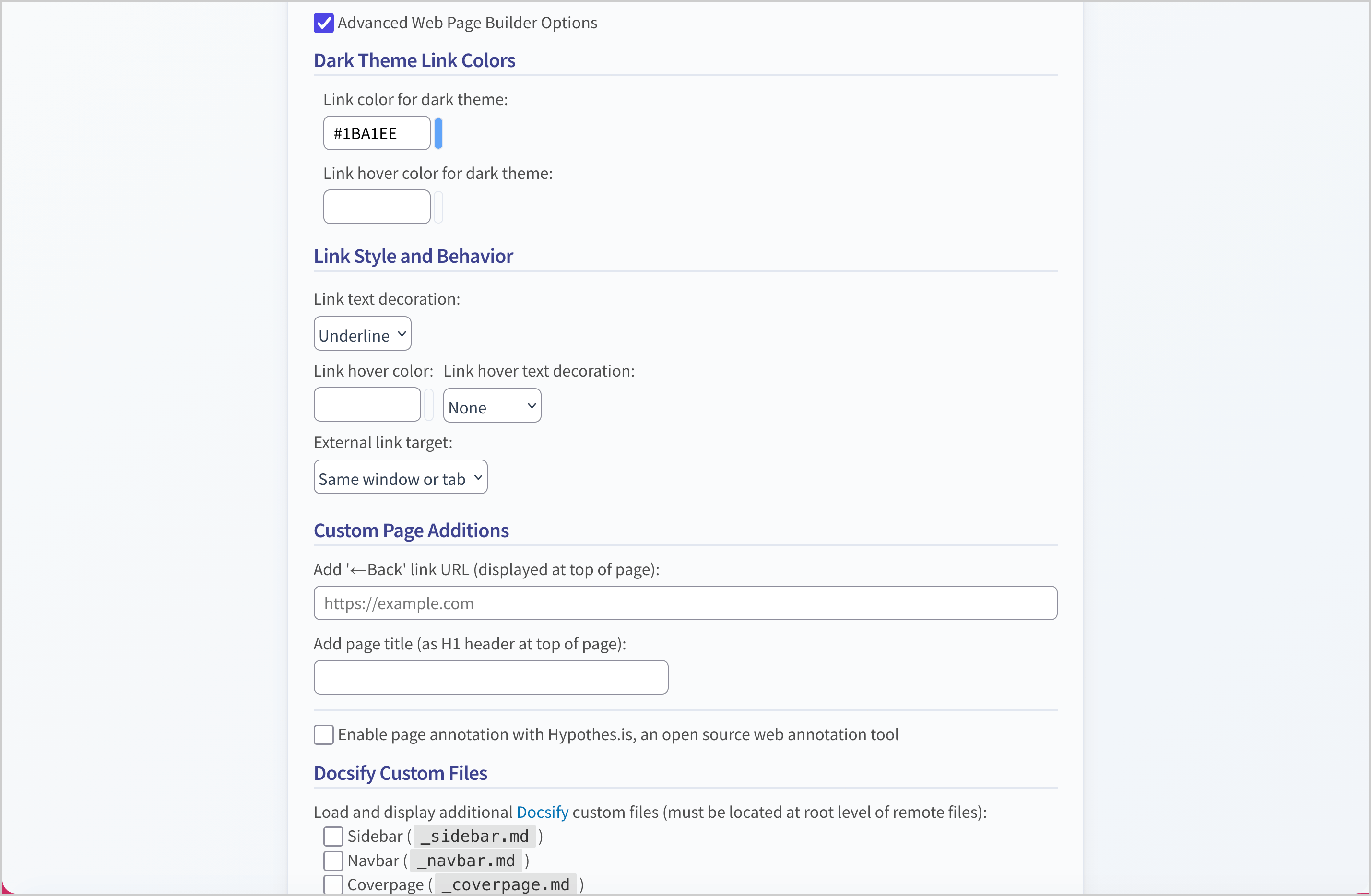 Web Page Builder advanced options