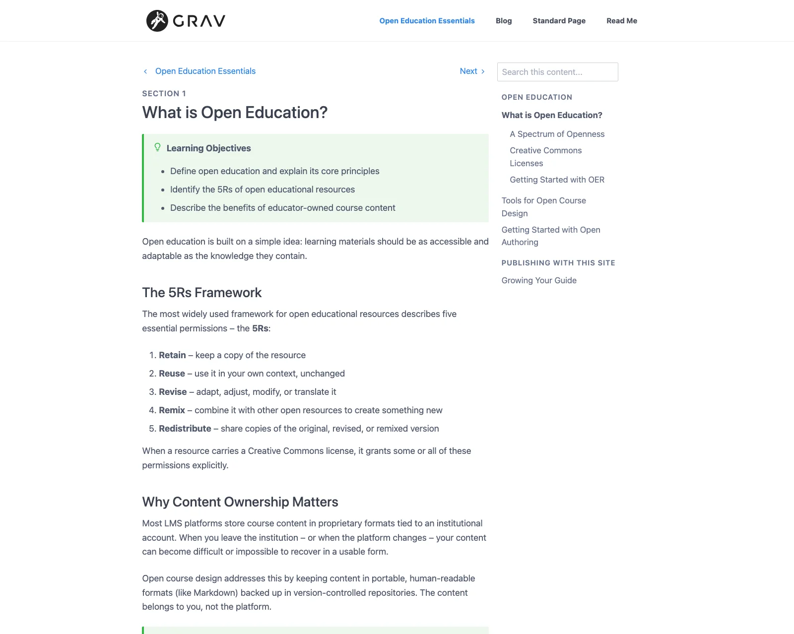 Guide section page with Learning Objectives, section navigation in the sidebar, and Previous and Next links