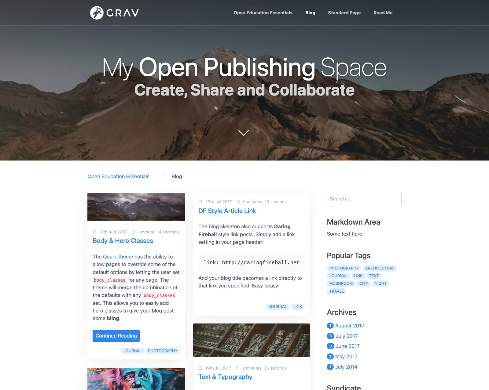 Open Publishing Space blog with a mountain hero image, blog post cards, and a sidebar with tags and archives