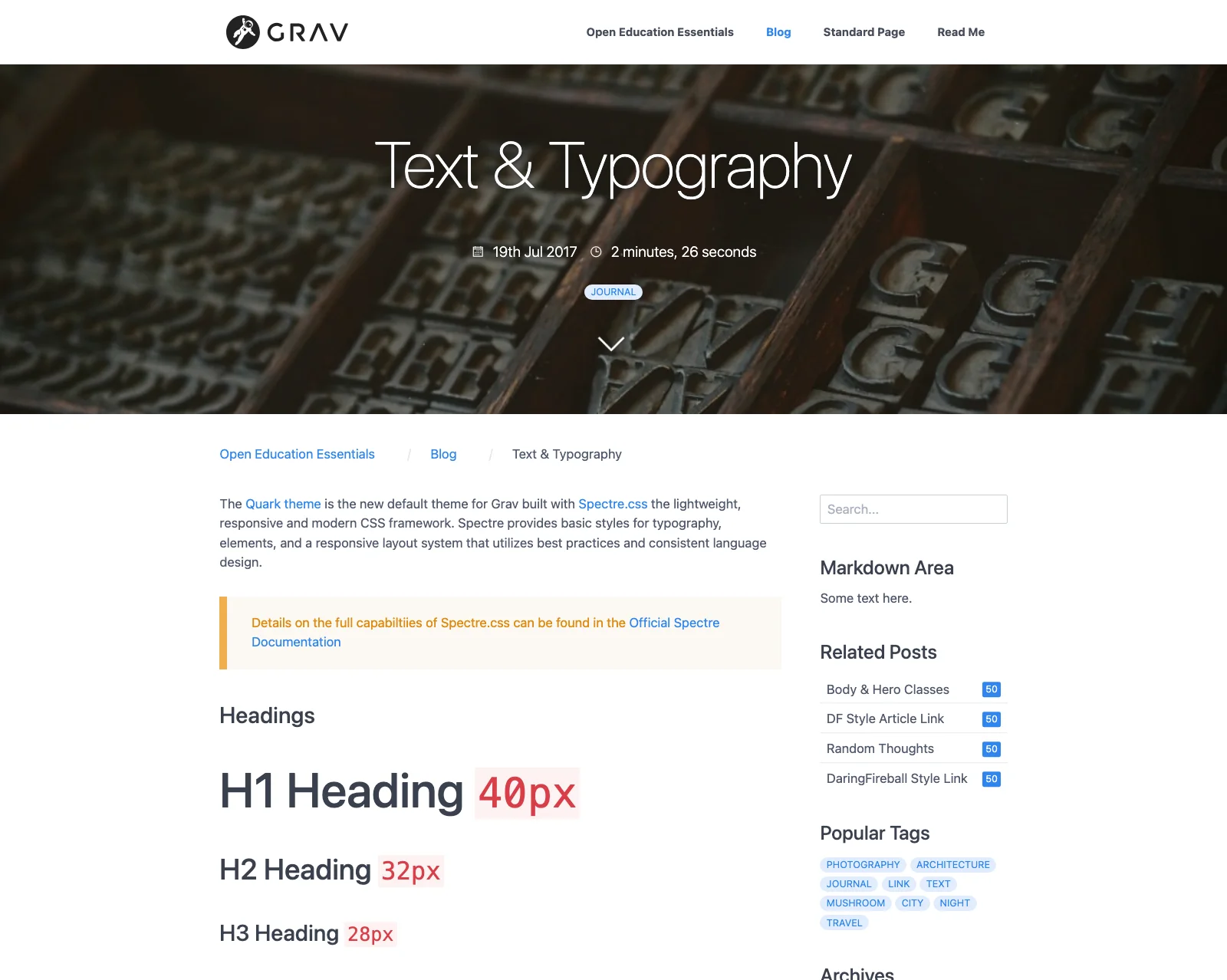 Blog post with a typography hero image, a notice, headings, and a sidebar with related posts and tags