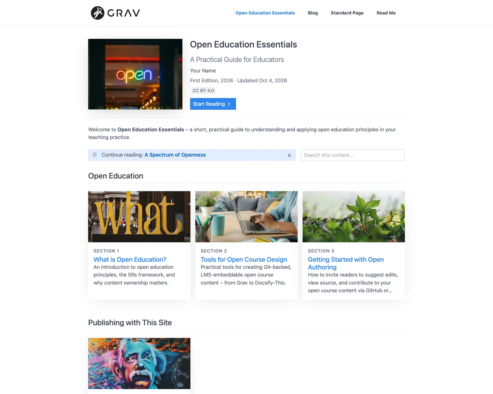 Open Education Essentials guide homepage with a cover image, guide details, a Continue reading bar, and section cards grouped into parts