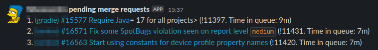 Screenshot of Marge-bot in action, listing the currently waiting merge requests