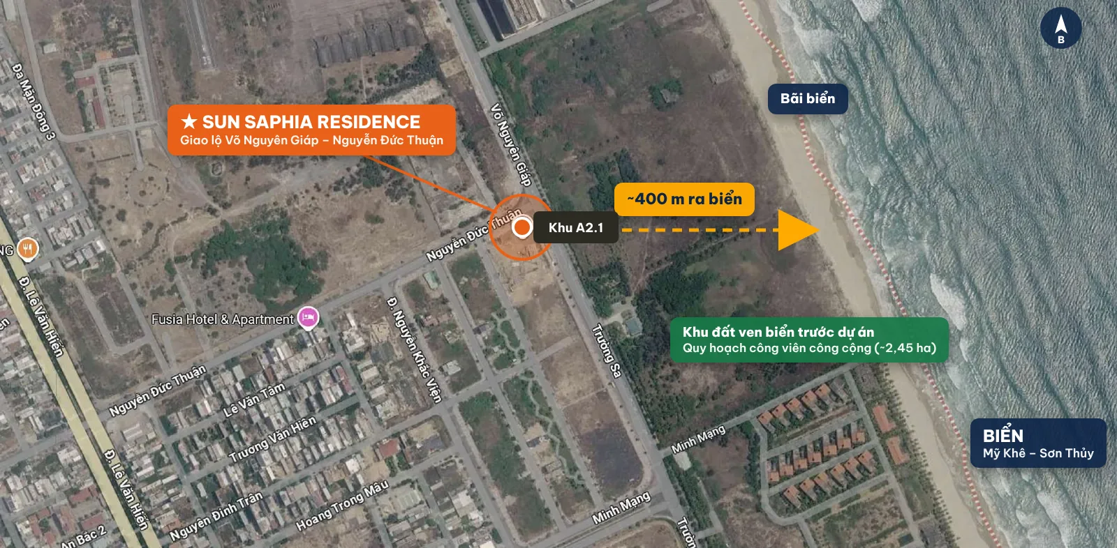 Ảnh vệ tinh có chú thích: Sun Saphia Residence và khu đất ven biển phía trước quy hoạch công viên công cộng khoảng 2,45 ha