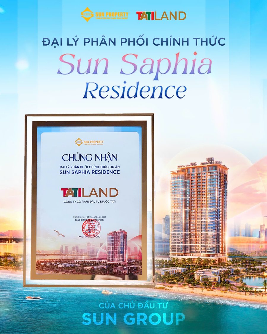 Chứng nhận TATILAND là đại lý phân phối chính thức dự án Sun Saphia Residence do Sun Property cấp ngày 23/10/2026
