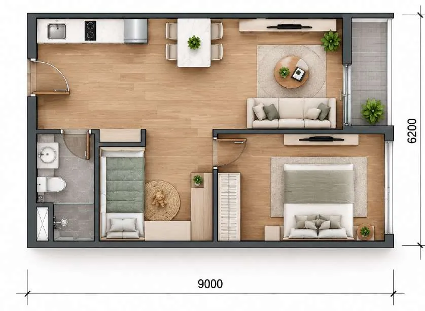 Mặt bằng căn 1BR+1 Sun Saphia Residence 50 m², kích thước 6,2 × 9 m
