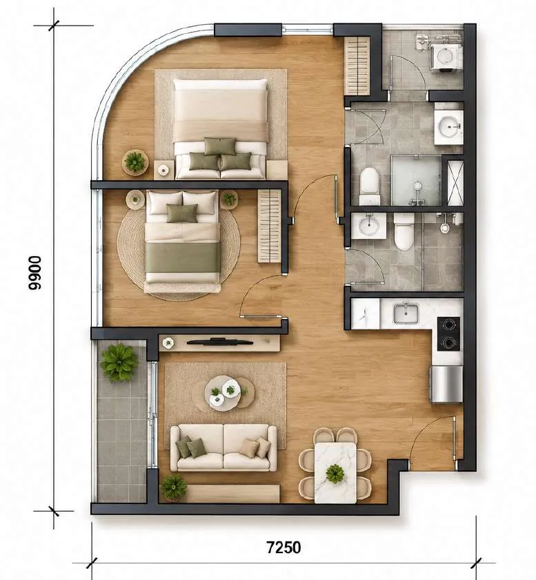 Mặt bằng căn 2BR góc Sun Saphia Residence 60–70 m², kích thước 7,25 × 9,9 m