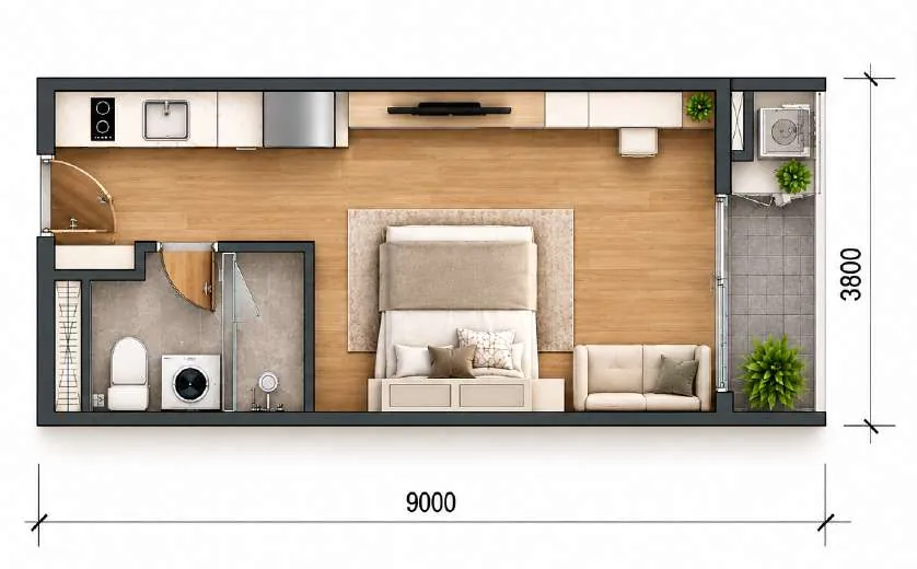 Mặt bằng căn Studio Sun Saphia Residence 30 m², kích thước 3,8 × 9 m