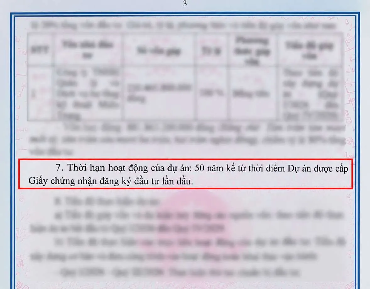 Trích GCN đăng ký đầu tư: thời hạn hoạt động dự án 50 năm kể từ ngày cấp (đã làm mờ)