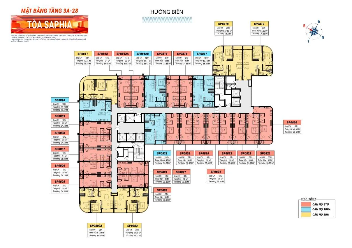 Layout tầng điển hình 3A–28 Sun Saphia Residence, 28 căn mỗi tầng