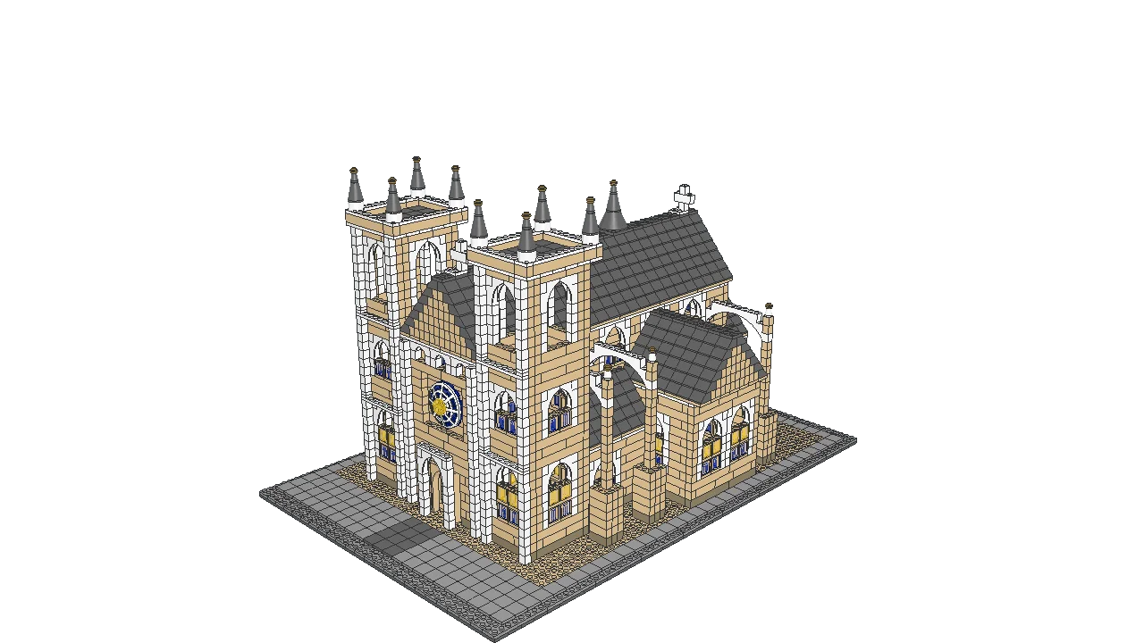 A LEGO cathedral designed by GPT-6 Astra, with twin towers, a blue rose window, and gray roofs, on a gray baseplate