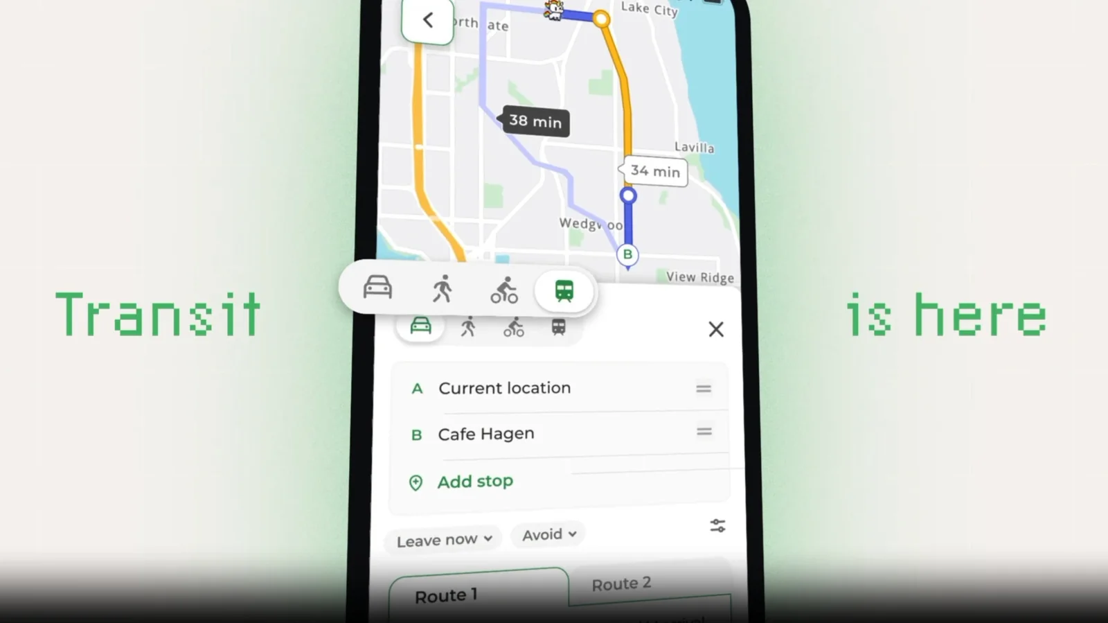 MapQuest app with public transit directions shown on a phone. Text reads "Transit is here."