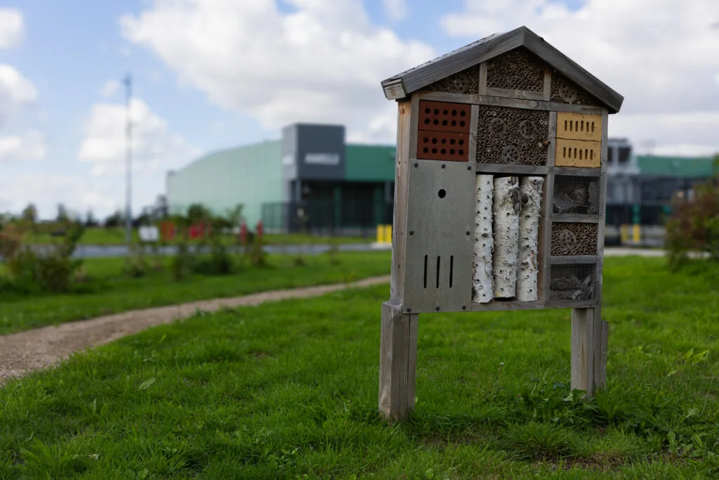 A wooden insect hotel on a lawn beside a gravel path at Microsoft&rsquo;s data center site near Middenmeer, Netherlands
