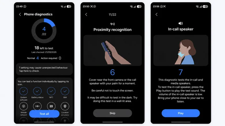 Galaxy Phone diagnostics screen beside the proximity recognition and in-call speaker tests.