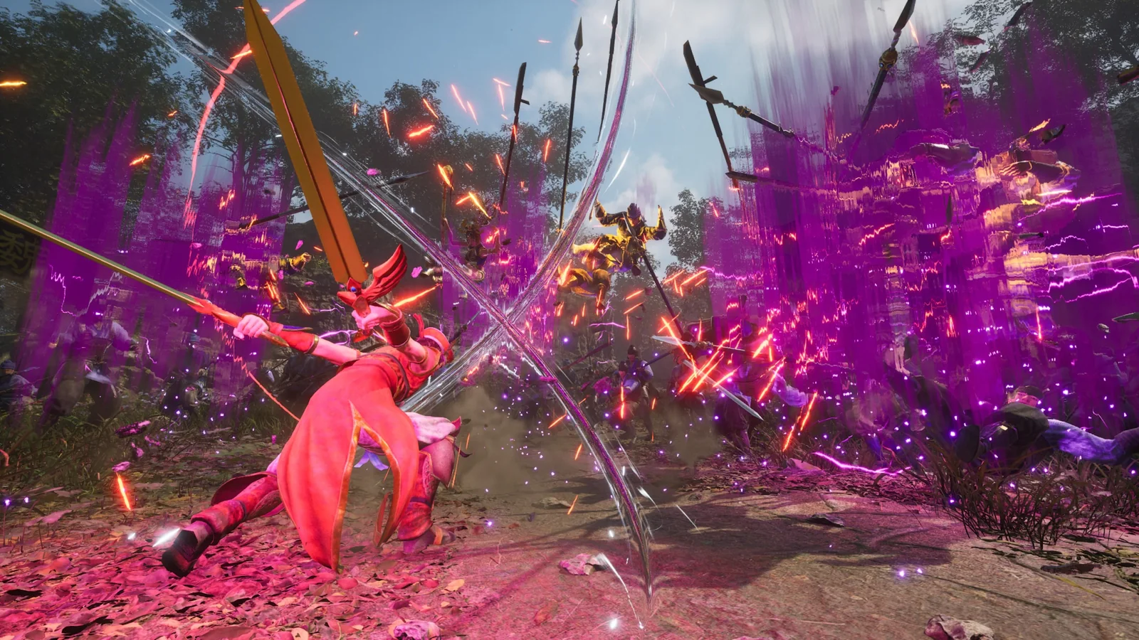 Dynasty Warriors 3: Complete Edition Remastered screenshot showing officer Lu Xun swipe at an enemy group with dual swords, applying a harmful status effect to them