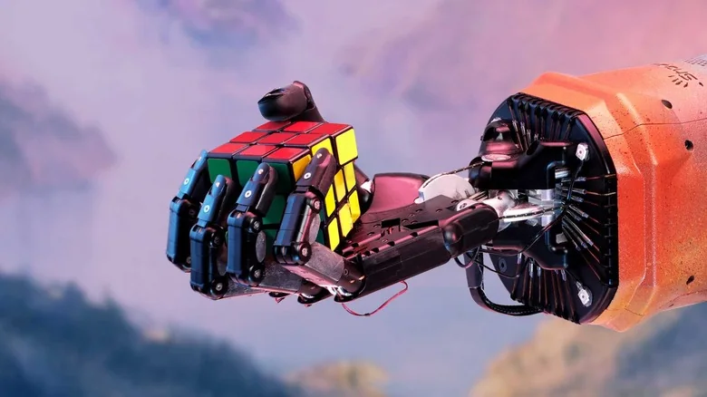 OpenAI's robotic hand holding a Rubik's Cube.