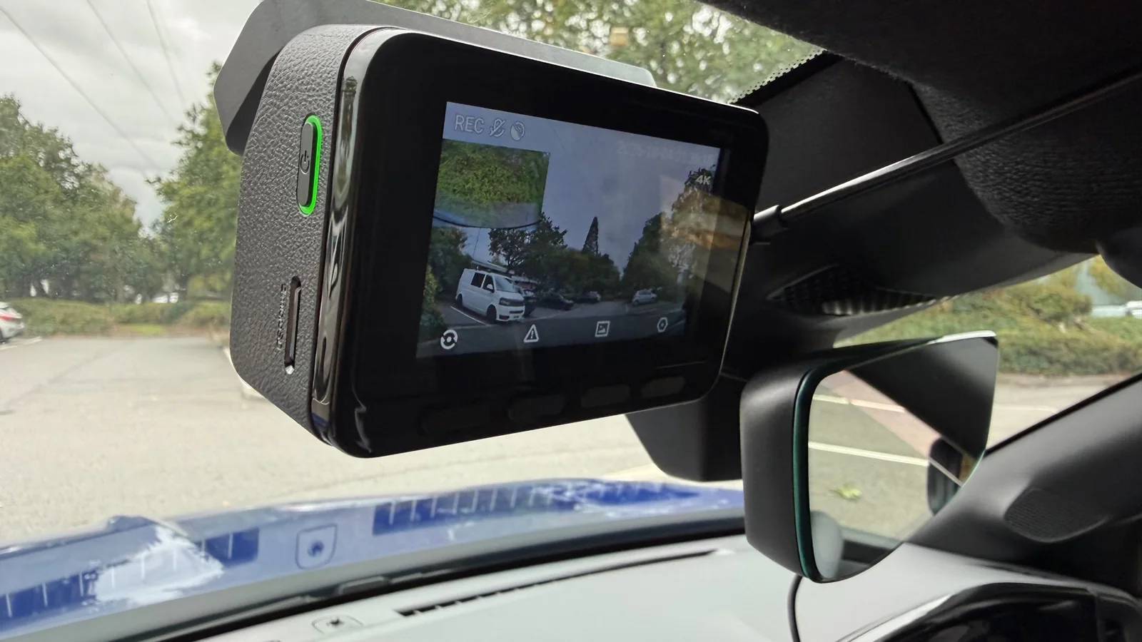 interior image of a car showing 70mai 4K A900 Ultra Dash Cam attached to windscreen
