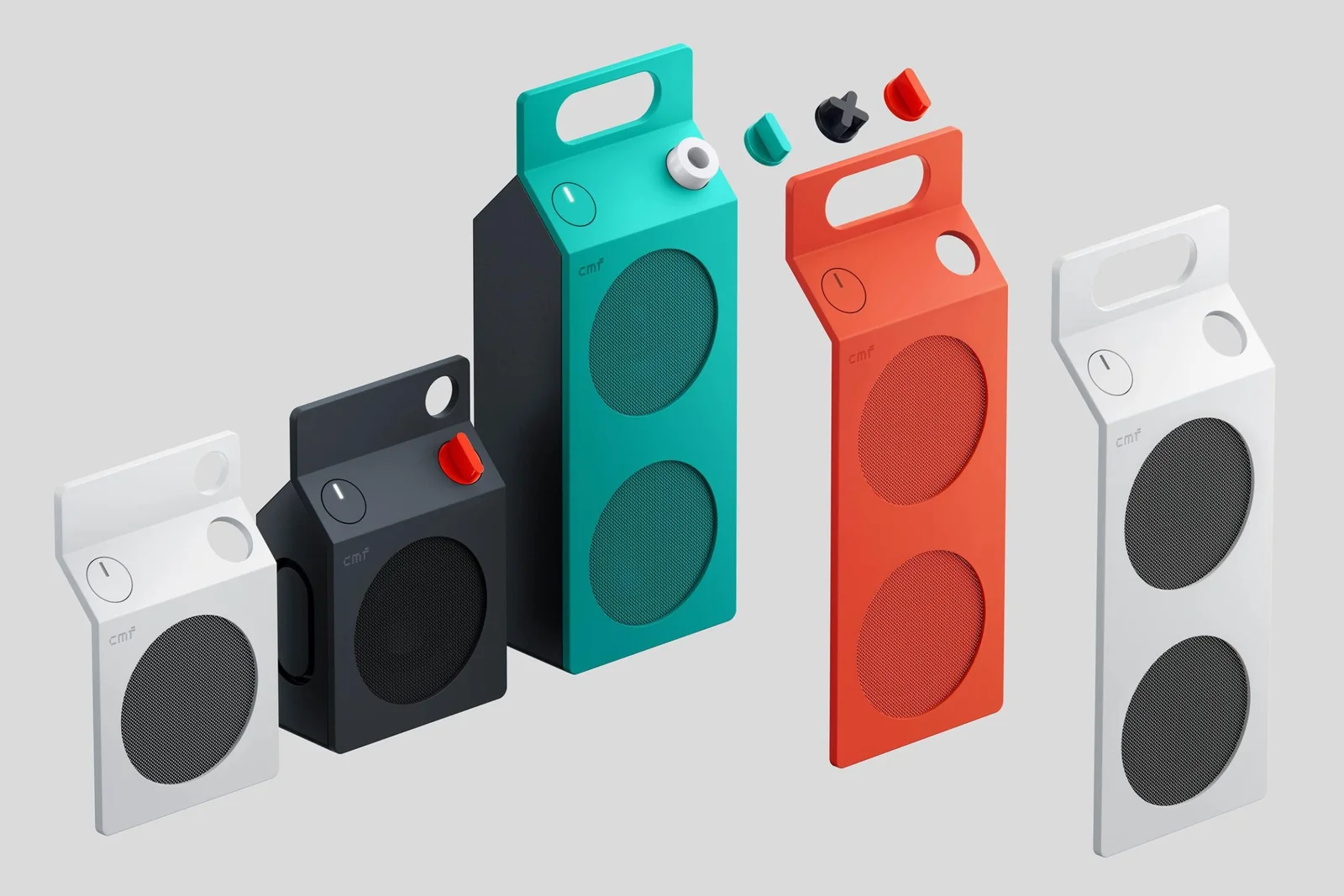 The CMF Speaker S and Speaker M shown with front panels and knobs removed.
