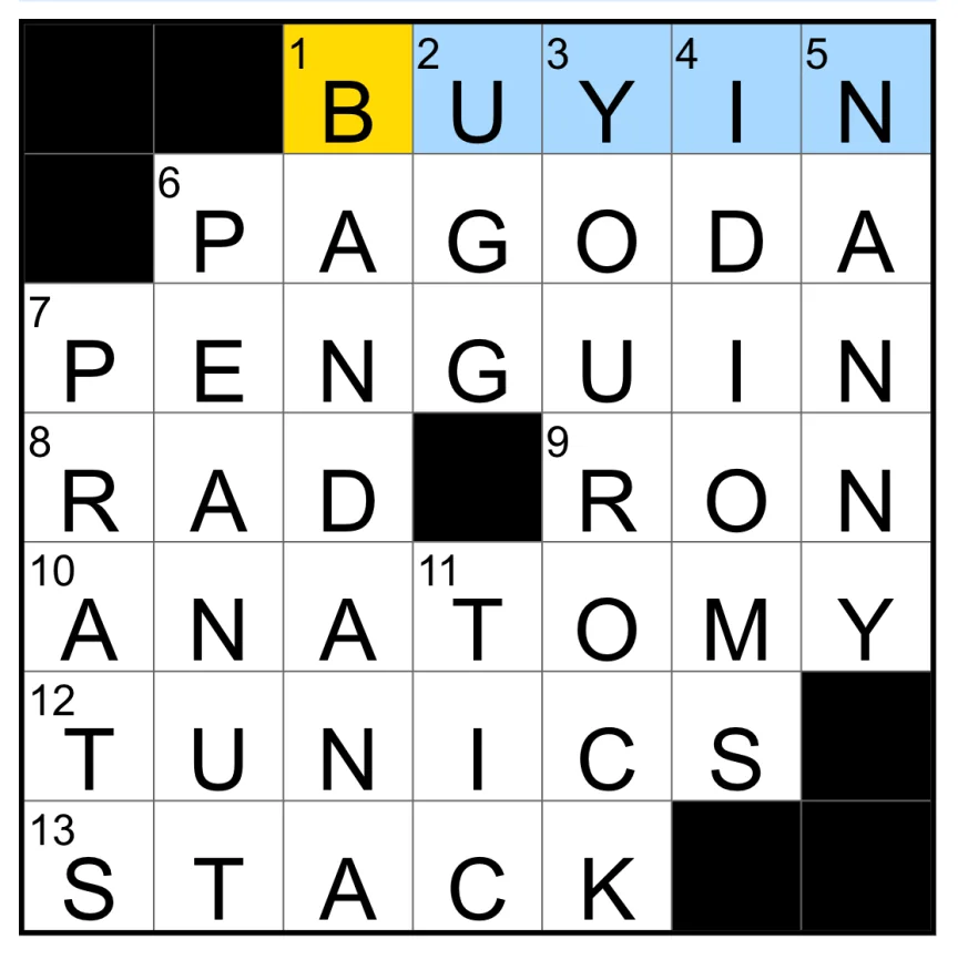The completed NYT Mini Crossword puzzle for Oct. 10, 2026.