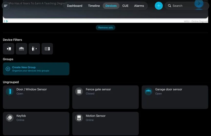 Abode app home screen showing sensors.