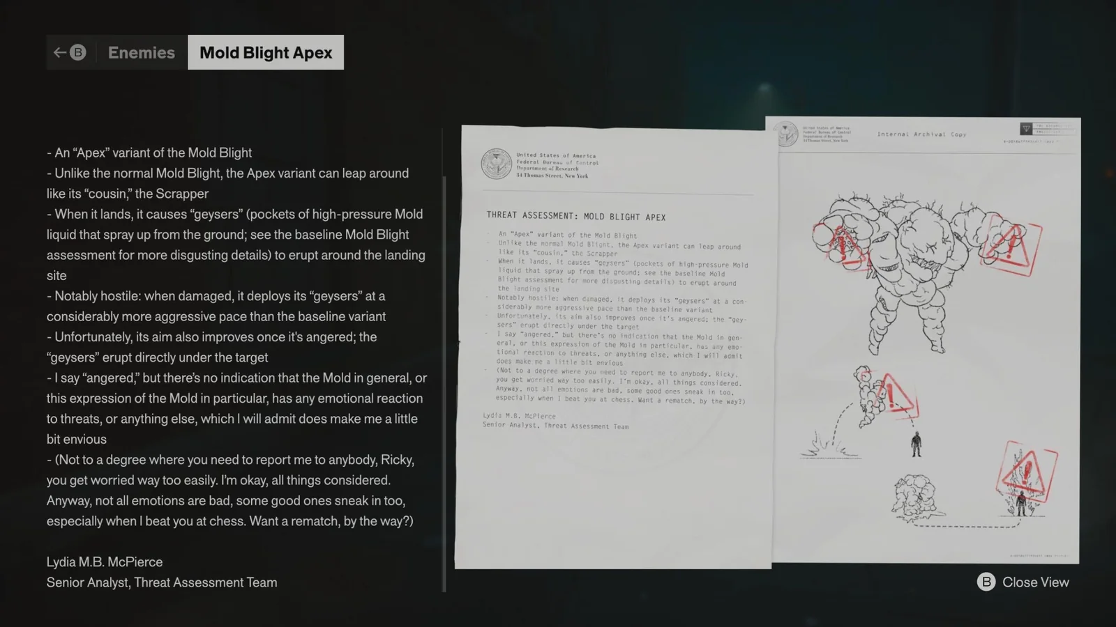 An official-looking document about the Mold Blight Apex enemy in Control Resonant. The author sassily describes the enemy’s “geysers” of mold spores and refers to another document “for more disgusting details.” At the end, she teases her coworker about beating him at chess, calls him by a nickname, and asks for a rematch.