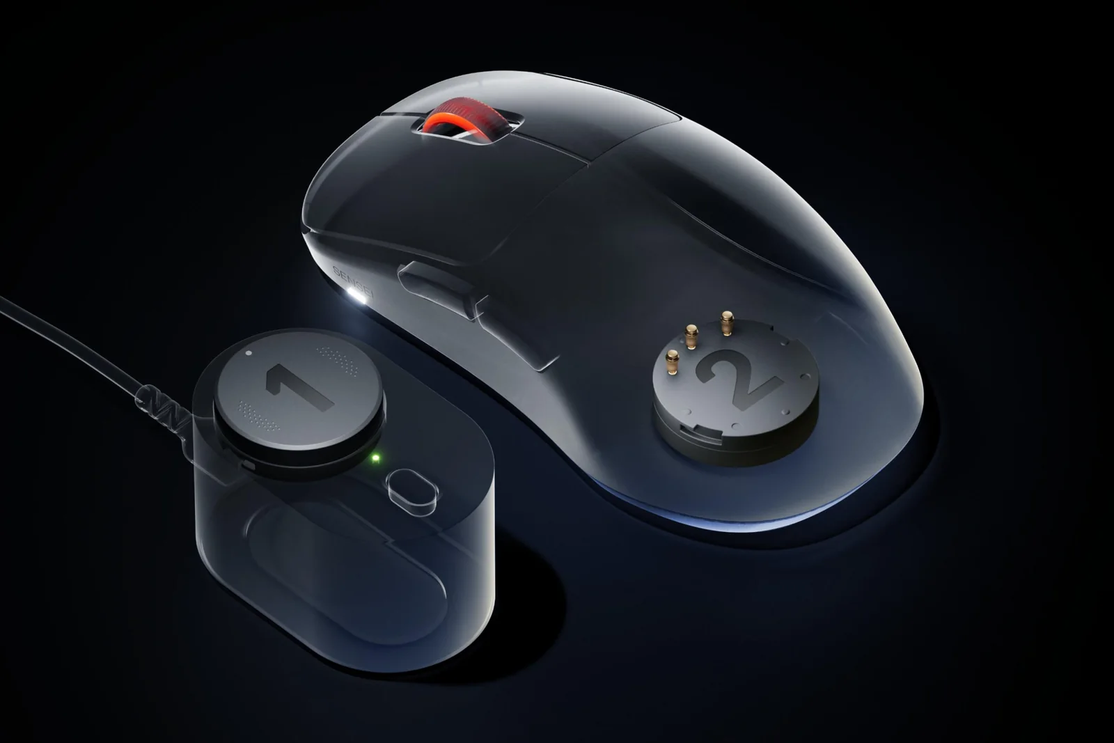The battery pucks last up to 60 hours each in 1,000Hz polling mode, or 16 hours in 8,000Hz model.