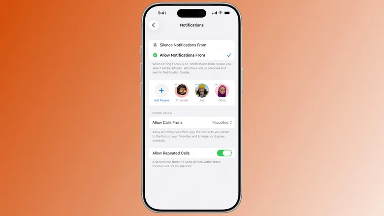 Customizing allowed notifications for the Driving Focus mode on an iPhone.