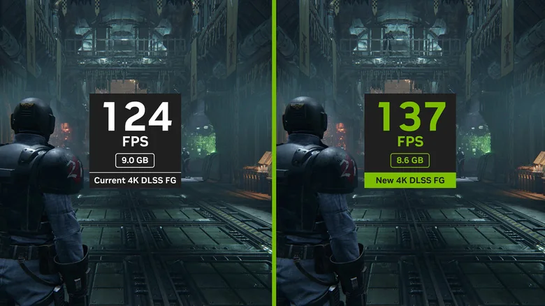 A solider wearing a helmet in Warhammer 40,000: Darktide with NVIDIA Multi Frame Gen on and off side-by-side.