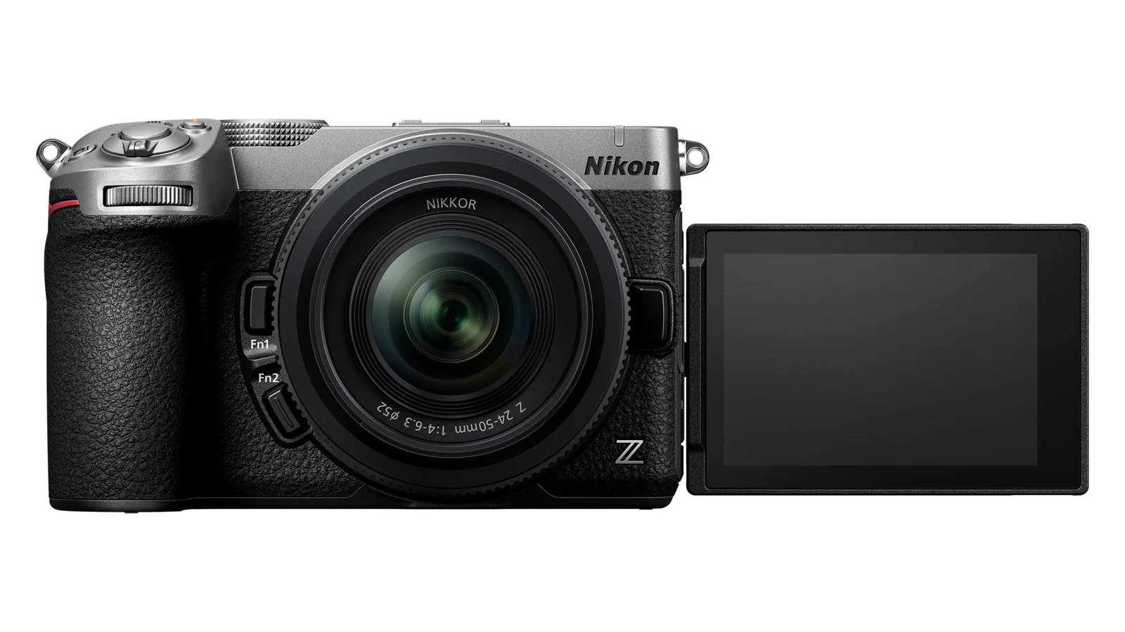 Nikon's Z5 IIC is shown from the front against white with the rear screen flipped out
