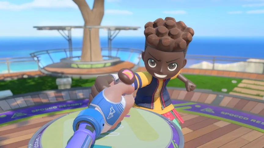 A Nintendo Mii avatar thumb wrestling in the game Switch Sports Resort