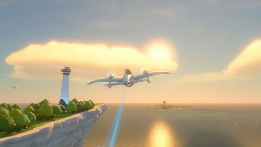 A plane flying at sunset around an island in the video game Nintendo Switch Sports Resort